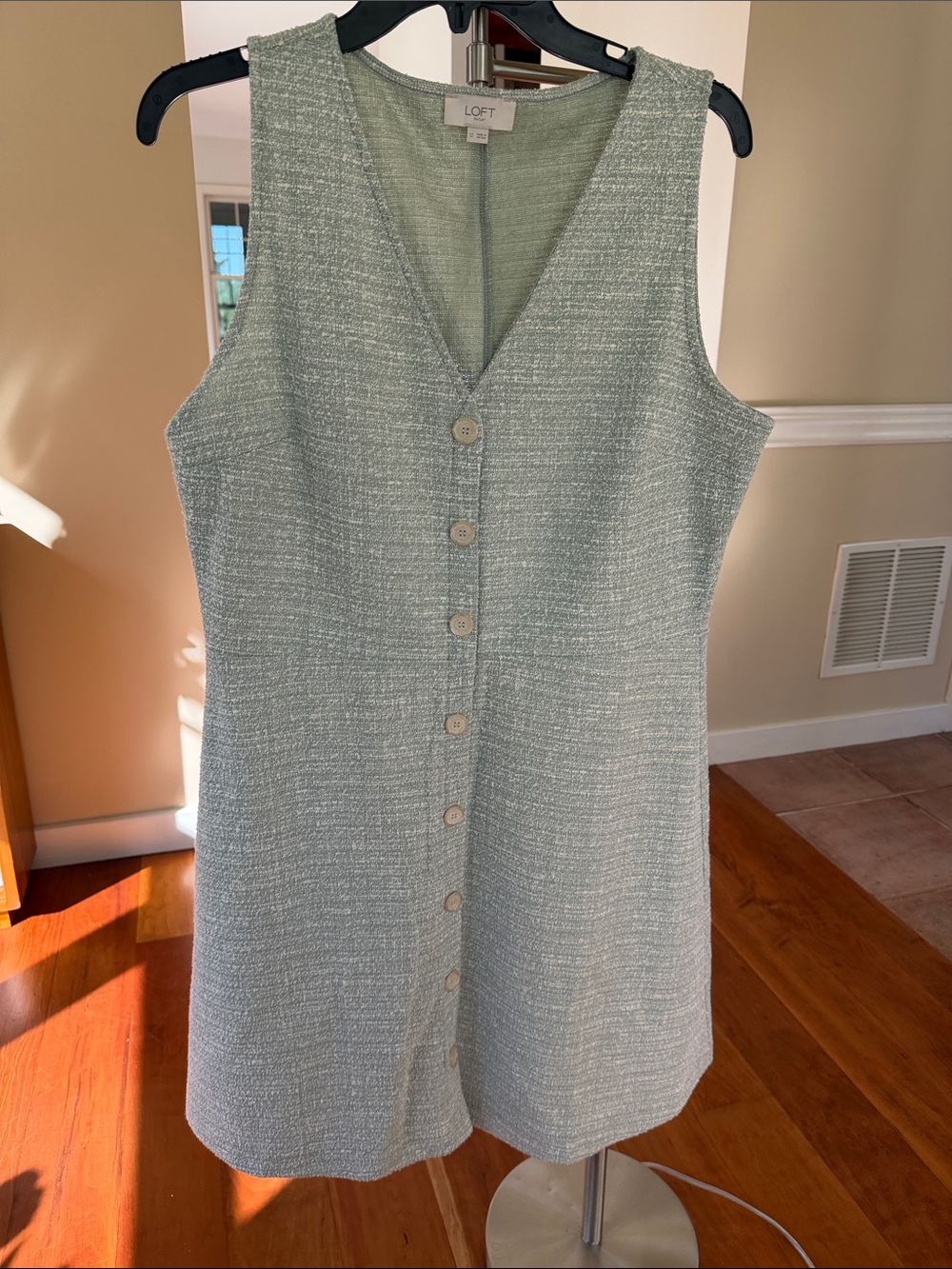 LOFT Light Sage Textured Button-Front Mini Dress